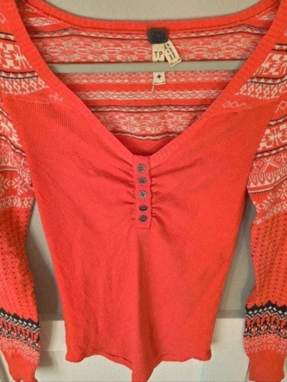 Not For Sale*** We The Free Coral Red Patterned Long-Sleeve Henley - Picture 2 of 4